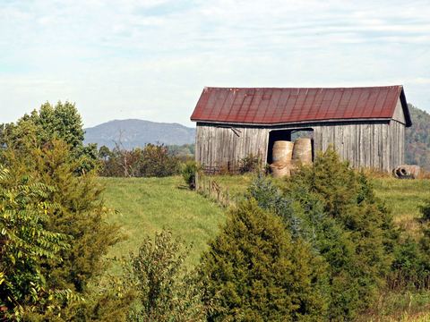 Weathered barn with a red tin roof in the countryside