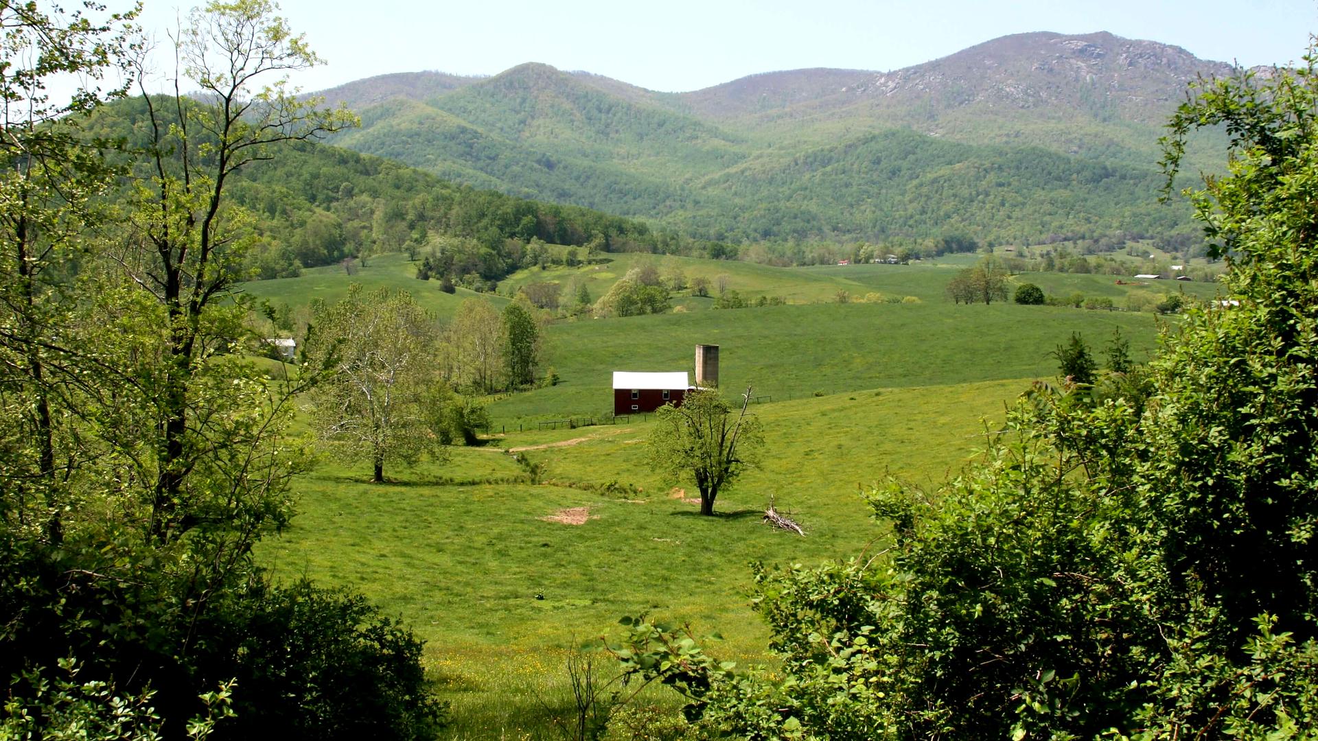 Valley farmland with the Blue Ridge Mountains in the distance